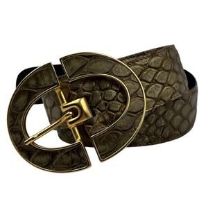 Vitanuova Snakeskin Leather Belt Olive Green Gold Buckle Made in Italy Size 32